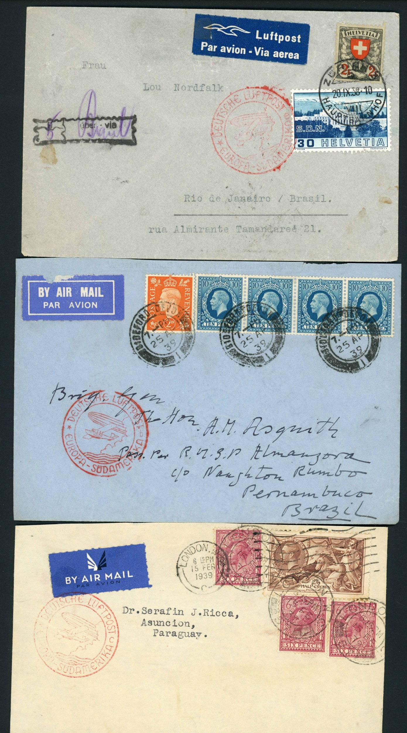 ZEPPELIN - 1938/39 MAIL EX EUROPE INC. SEAHORSE, RARE SWISS CACHET, ETC ...
