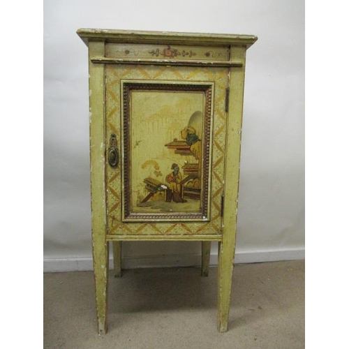 201 - An early 20th century chinoiserie decorated and cream painted bedside cabinet, with a panelled door,... 