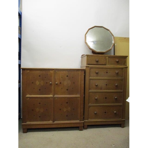 203 - Bath Cabinet Makers - an oak and marquetry dressing table having a decagon mirror over two short and... 