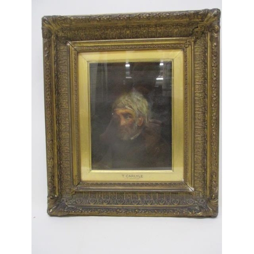 206 - In the manner of J M Whistler - a head and shoulder portrait of Mr T Carlyle, oil on canvas 8 1/4