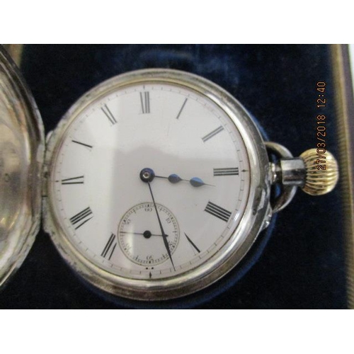 27 - A silver half hunter pocket watch, a silver cased pocket watch and a continental silver cased fob-wa... 