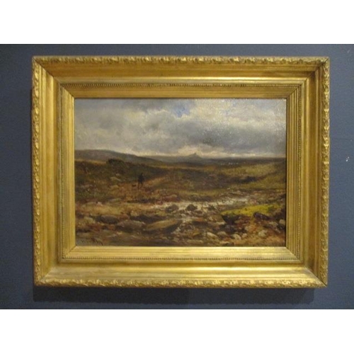 222 - William Widgery - 'Dartmoor Tor' with a figure walking and dog to the foreground, oil on canvas, sig... 