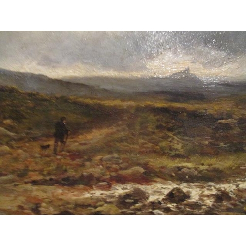 222 - William Widgery - 'Dartmoor Tor' with a figure walking and dog to the foreground, oil on canvas, sig... 