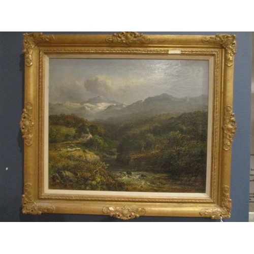 224 - William Ellis - 'The Wynon Nr Bond, Newyd Dolgelley' a Welsh scene with a river and a cottage, oil o... 