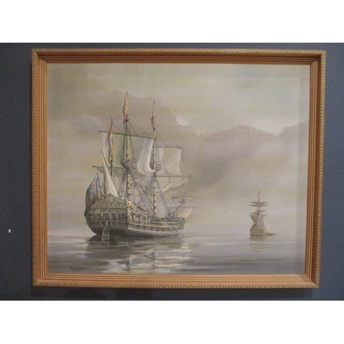 226 - Peter Carter - a view of a British galleon and another boat beyond, oil on board, signed lower left ... 