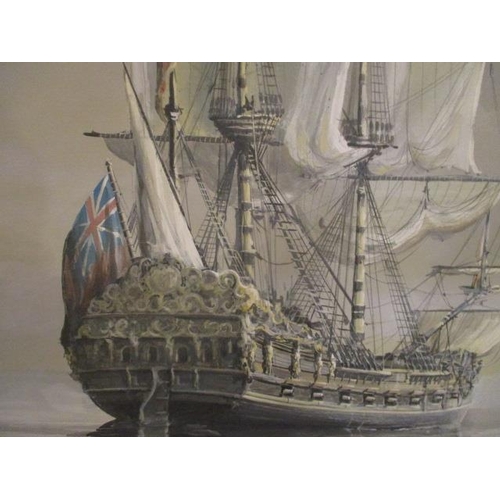 226 - Peter Carter - a view of a British galleon and another boat beyond, oil on board, signed lower left ... 