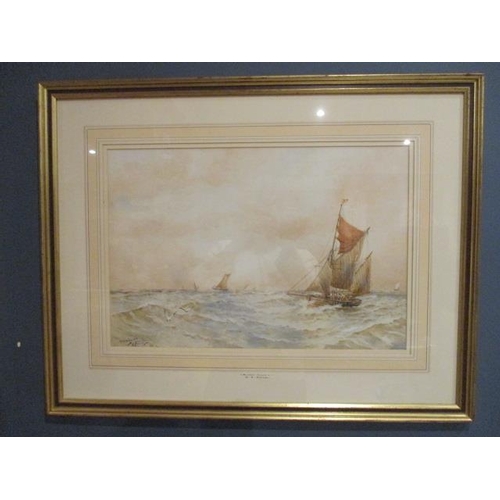 227 - William Henry Pearson - 'Brixham Trawlers' boats in choppy waters, watercolour, signed and titled lo... 