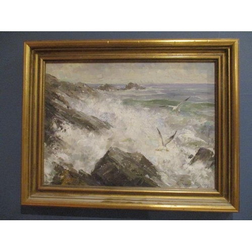 230 - Vernon Ward - a coastal scene with seagulls to the foreground, oil on board signed and dated 1927, l... 