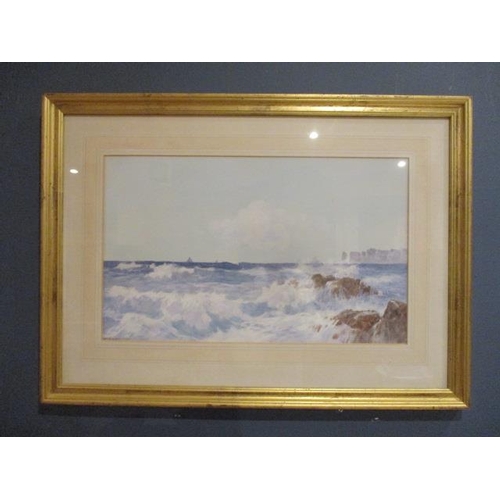 233 - Frederick James Widgery - a seascape with rocks to the foreground and boats beyond, watercolour sign... 