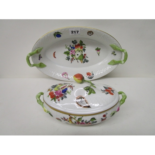 217 - A Herend porcelain oval sauce tureen and cover decorated with a strawberry finial, a leaf, fruit and... 