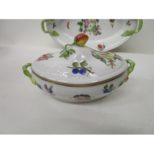 217 - A Herend porcelain oval sauce tureen and cover decorated with a strawberry finial, a leaf, fruit and... 