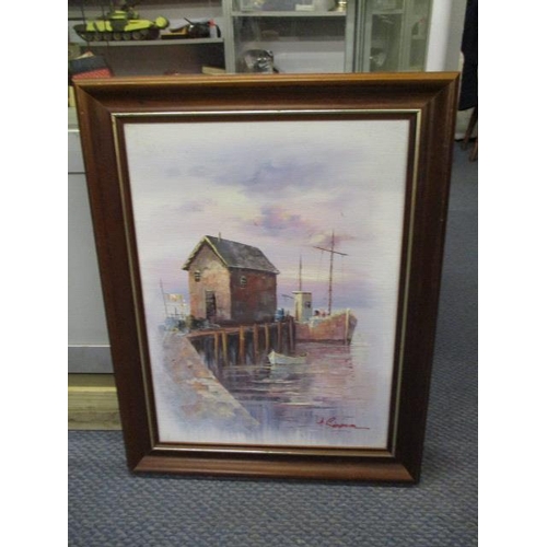 350 - A Simpson - fishing boat moored by a pier, oil on canvas, signed, 15 7/8