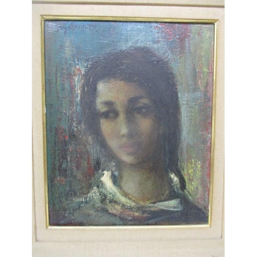 122 - Guy Cambier - a head and shoulder portrait of a woman with dark hair, oil on canvas, signed upper le... 