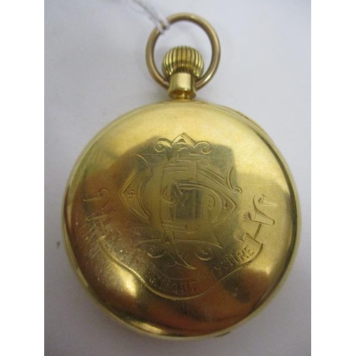 13 - A Victorian 18ct gold cased, open faced pocket watch, the white enamel dial marked Webster, Queen Vi... 