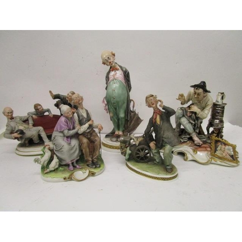 198 - A group of five Capodimonte porcelain figurines, three Galli figures to include a clown with an umbr... 