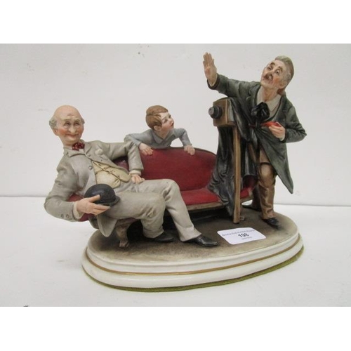 198 - A group of five Capodimonte porcelain figurines, three Galli figures to include a clown with an umbr... 