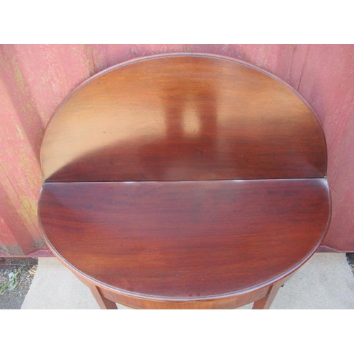 204 - A 19th century mahogany and marquetry demi lune tea table with foldover top, raised on square, taper... 