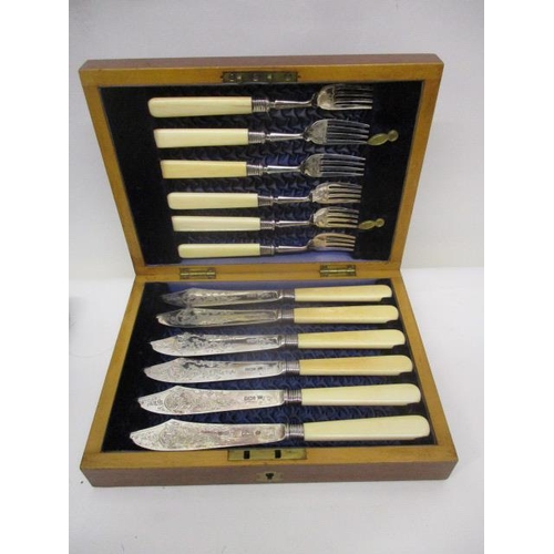 245 - A set of six Victorian silver fish knives and forks by Rowlands & Frazer, Sheffield 1901, engraved w... 