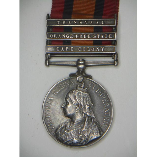 250 - A Victorian Queens South Africa medal with three clasps Transvaal, Orange Free State and Cape Colony... 