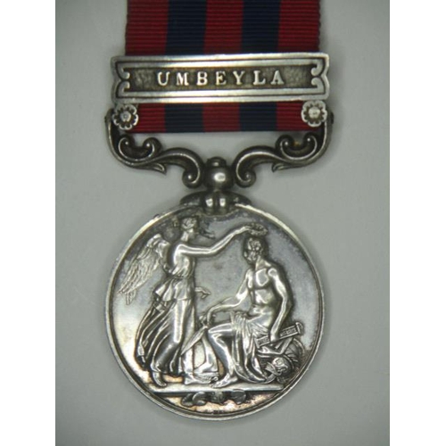 254 - A Victorian Indian General Service medal with a clasp Umbeyla inscribed 4214 Corpl D Anderson HMS, 1... 