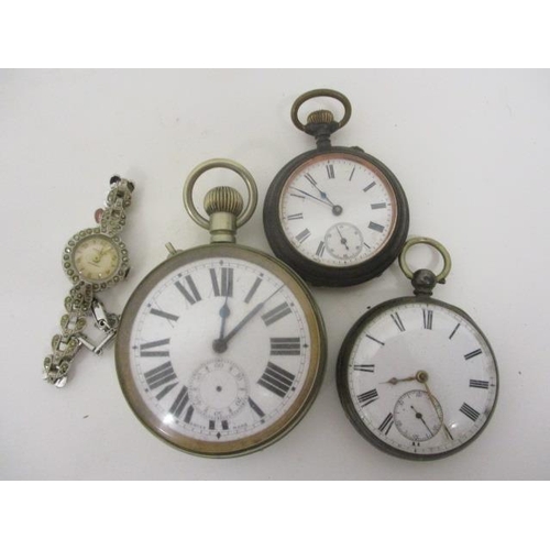 68 - A Goliath pocket watch, a silver cased pocket watch, a gun metal pocket watch and an Ingersol ladies... 