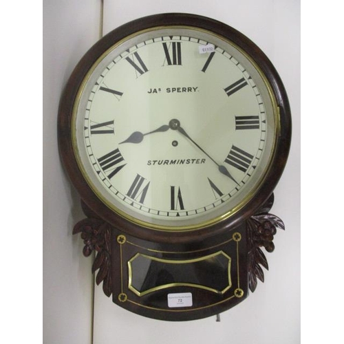 72 - A 19th century fusee, drop dial wall clock having a 12