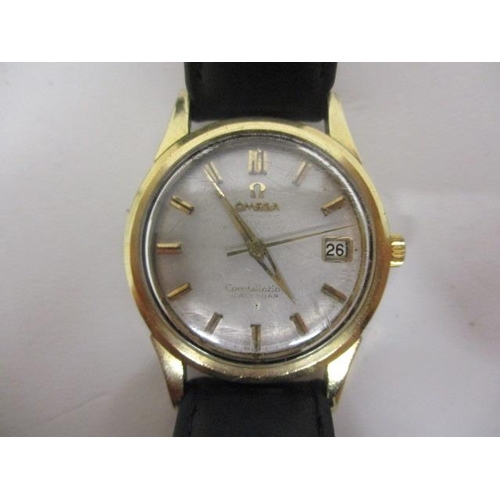 80 - An Omega constellation gents automatic chronometer gold plated wristwatch, having a silvered dial, b... 