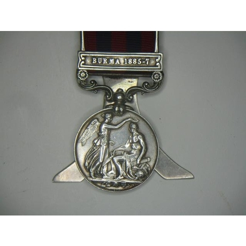 112 - A Victorian Indian Service medal with a clasp, Burma 1885-7 inscribed 481 Private W Monk 2nd RW***, ... 