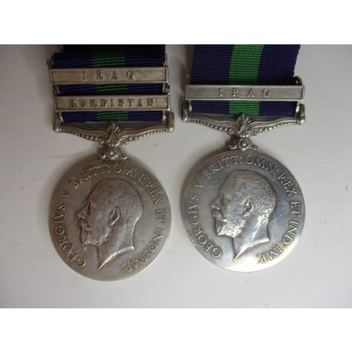 118 - Two George V General Service medals, one with two clasps Iraq and Kurdistan, inscribed 3987 Sepoy Kh... 