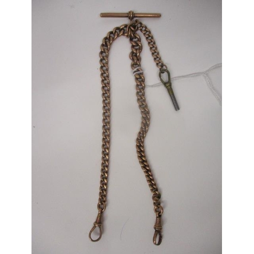 239 - A 9ct gold tapered belcher link double watch chain, T bar and short chain, 43g