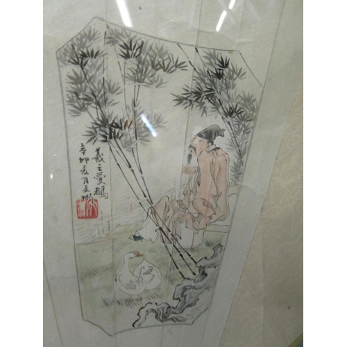 267 - Qian Wenbin (d1948) painter - a Chinese fan painting on paper mounted on a woven backing, four panel... 