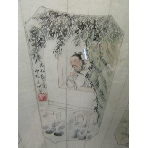 267 - Qian Wenbin (d1948) painter - a Chinese fan painting on paper mounted on a woven backing, four panel... 