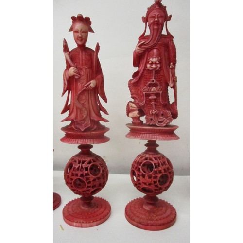 311 - A late 19th/early 20th century Chinese Canton carved ivory puzzle ball chess set, King 7