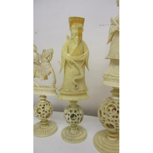 311 - A late 19th/early 20th century Chinese Canton carved ivory puzzle ball chess set, King 7