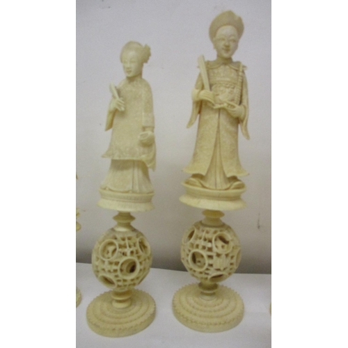 311 - A late 19th/early 20th century Chinese Canton carved ivory puzzle ball chess set, King 7