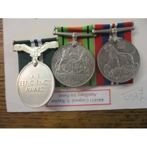 309 - Three WWII medals, Defence, 1939-1945 and Air Efficiency Award, reputedly awarded to 840431 Corporal... 