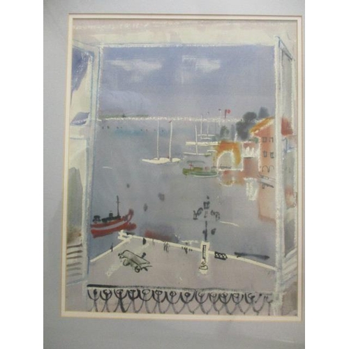 313 - Pat ****** - a view of a harbour through an open window, watercolour and pastel, signed indistinctly... 