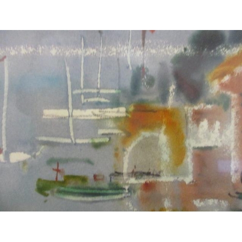 313 - Pat ****** - a view of a harbour through an open window, watercolour and pastel, signed indistinctly... 