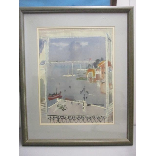 313 - Pat ****** - a view of a harbour through an open window, watercolour and pastel, signed indistinctly... 