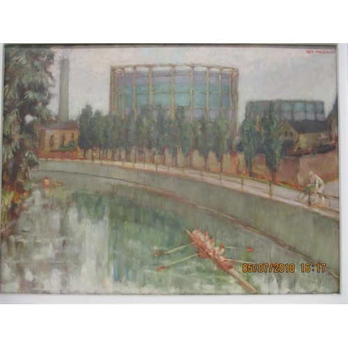 130 - Roy Meldrum -'Fasometer' a city river scene with a coxless four rowing boat and a man on a bicycle o... 