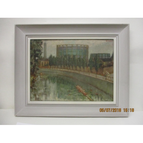 130 - Roy Meldrum -'Fasometer' a city river scene with a coxless four rowing boat and a man on a bicycle o... 