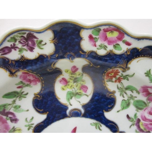 70 - A late 18th century Worcester plate with a lobed edge decorated with panels of flowers on a scale bl... 