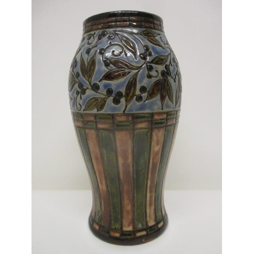 77 - A Royal Doulton stoneware vase decorated with leaves and berries over brown and green stripes, stamp... 