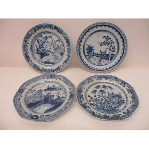 87 - Four late 18th century Chinese blue and white plates, two octagonal, each decorated with landscapes,... 