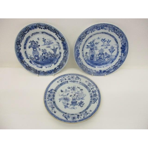 88 - Three late 18th century Chinese blue and white plates, each decorated with vases and flowers, compri... 