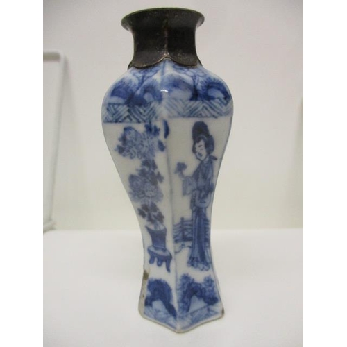 89 - A Kangxi Chinese blue and white perfume bottle of waisted, inverted hexagonal form, decorated with a... 