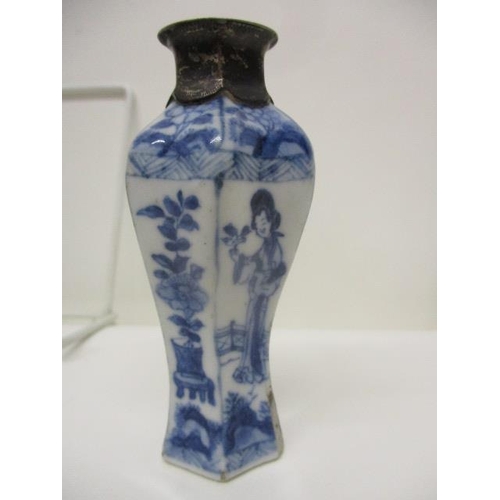 89 - A Kangxi Chinese blue and white perfume bottle of waisted, inverted hexagonal form, decorated with a... 