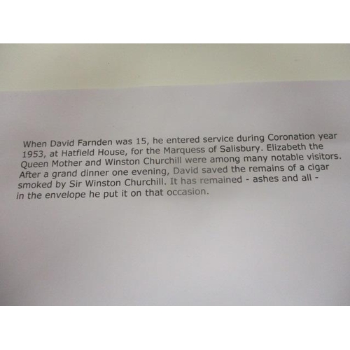 91 - Half a cigar smoked by Sir Winston Churchill in 1953 at Hatfield House, with a letter of provenance,... 