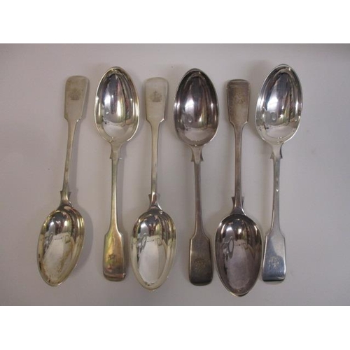 301 - A set of six Victorian silver fiddle pattern tablespoons by Robert Stebbings, London 1898, initialle... 