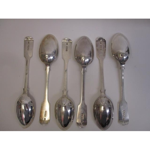 301 - A set of six Victorian silver fiddle pattern tablespoons by Robert Stebbings, London 1898, initialle... 